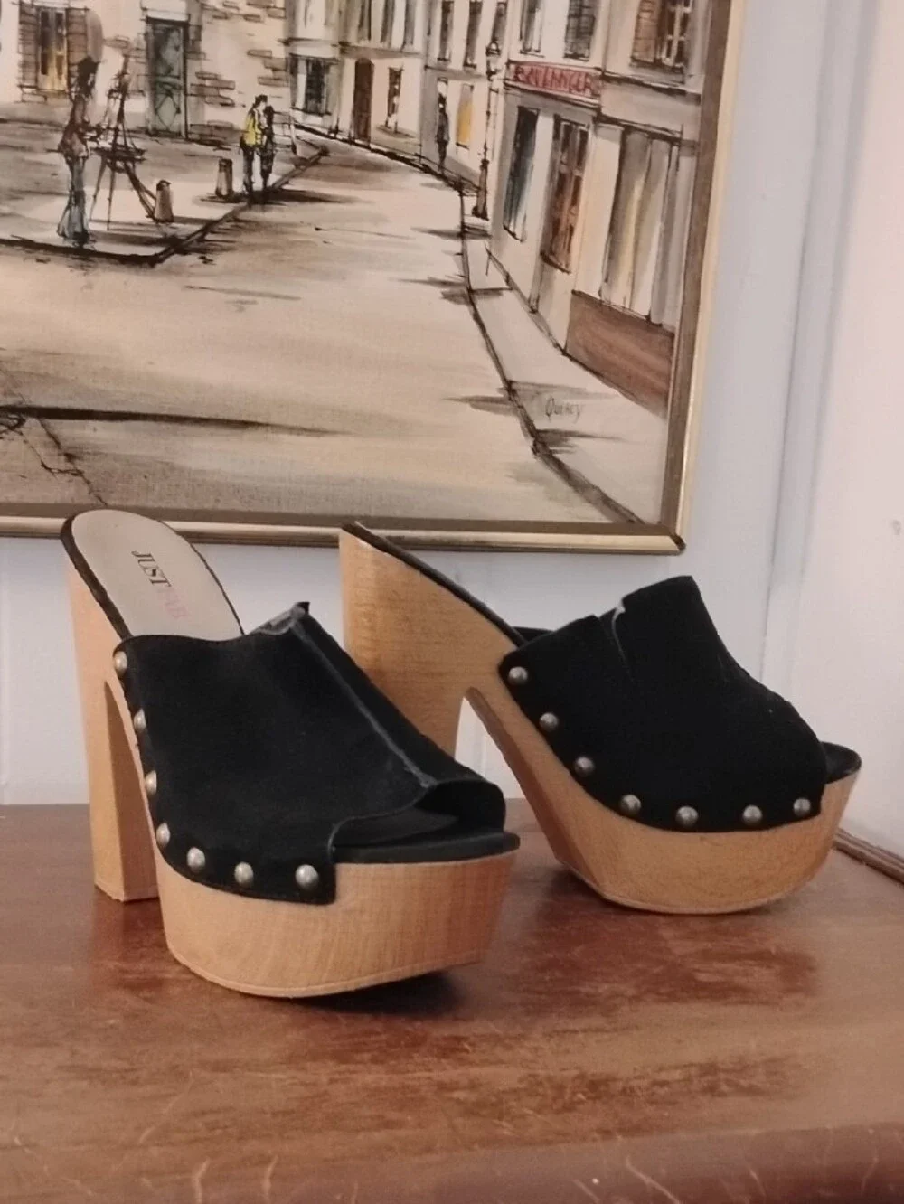 JustFab Black Studded Suede Platform Mules with Wood-Look Heel